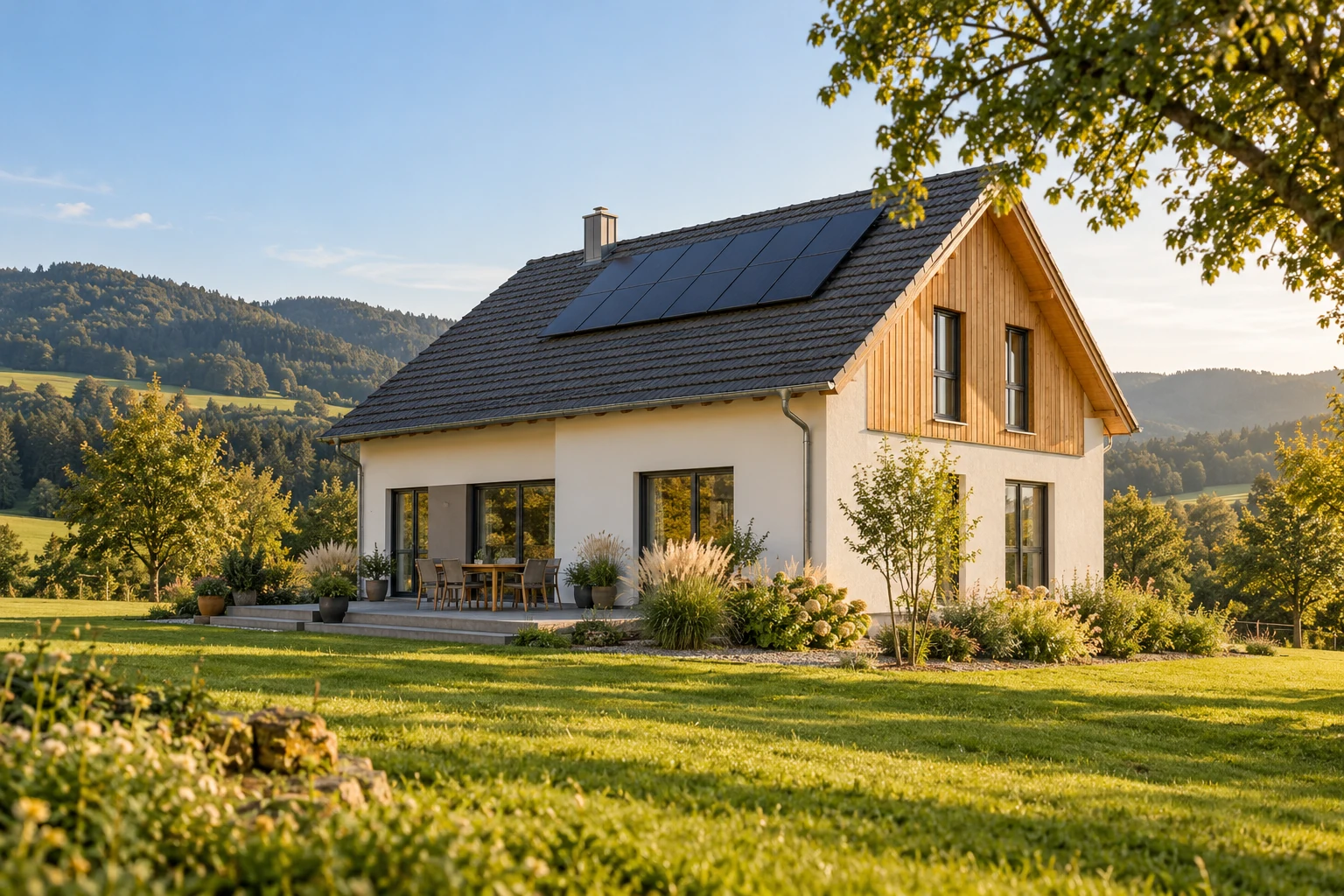 Illustratives Bild eines modernisierten Wohnhauses mit Holzfassade und Solarmodulen im Grünen